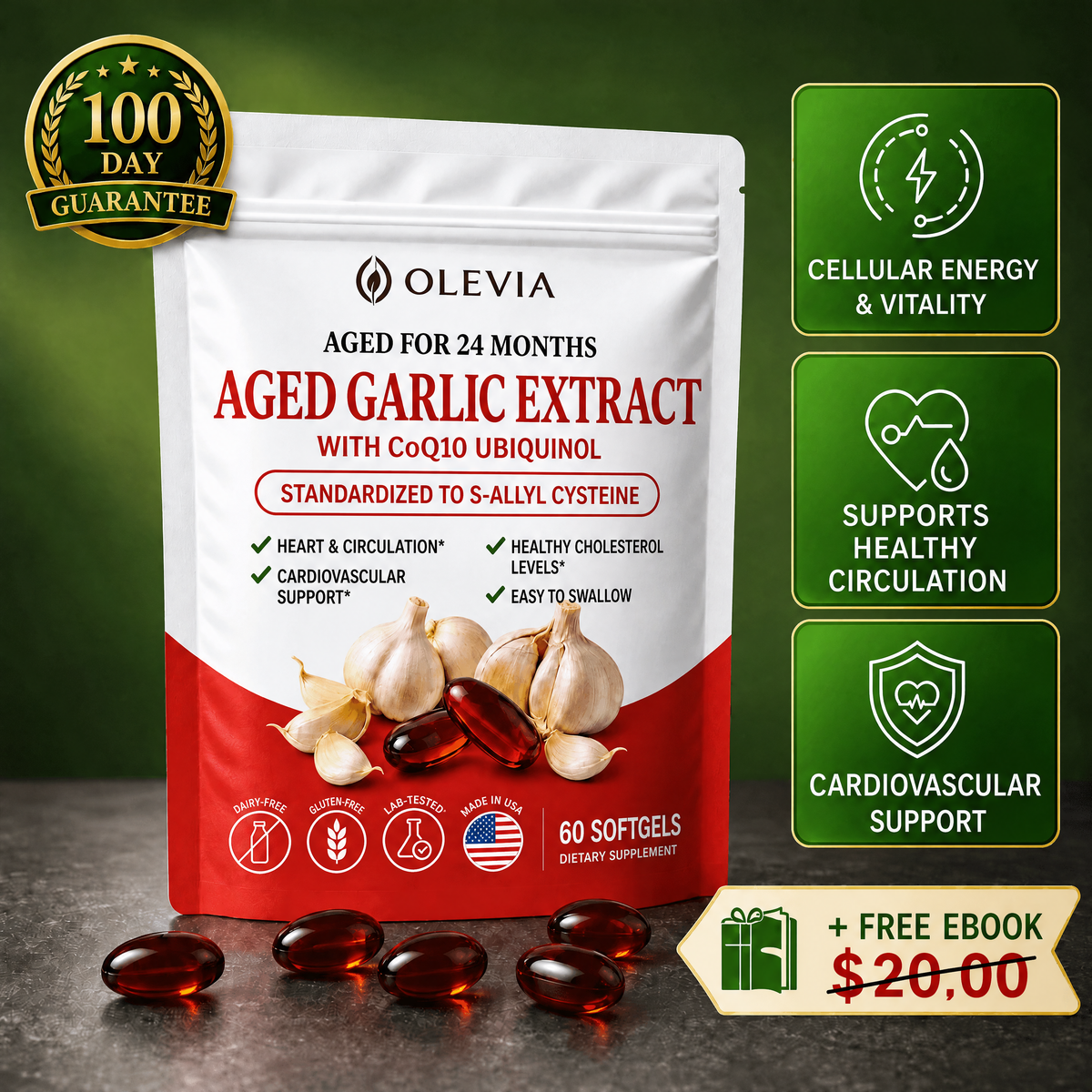 Olevia Aged Garlic Extract: 24-Month Aged Garlic with CoQ10 & Vitamin K2