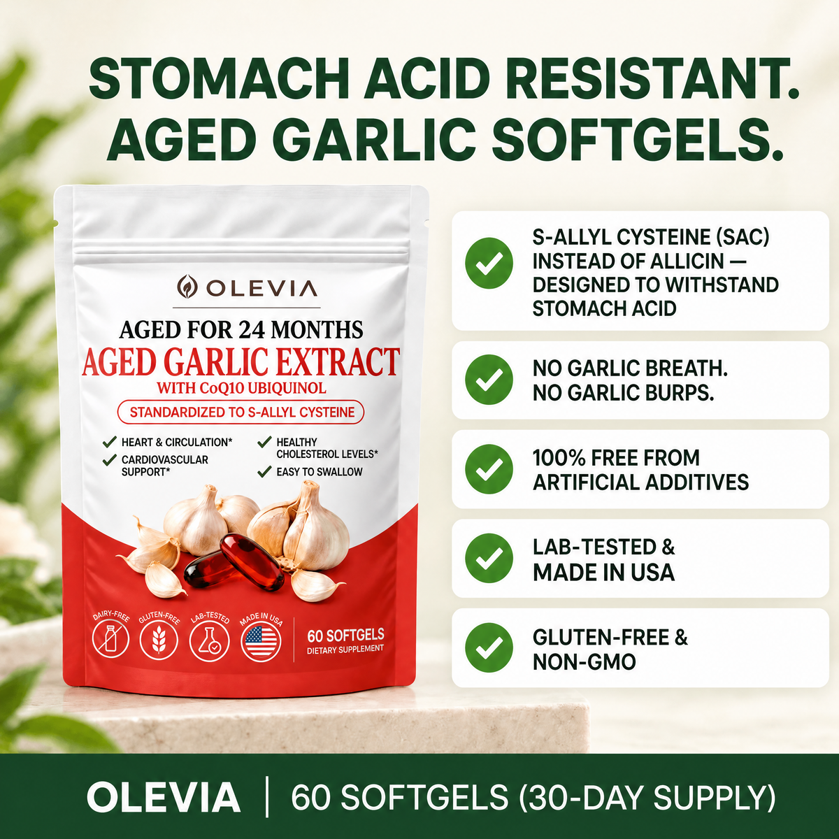 Olevia Aged Garlic Extract: 24-Month Aged Garlic with CoQ10 & Vitamin K2