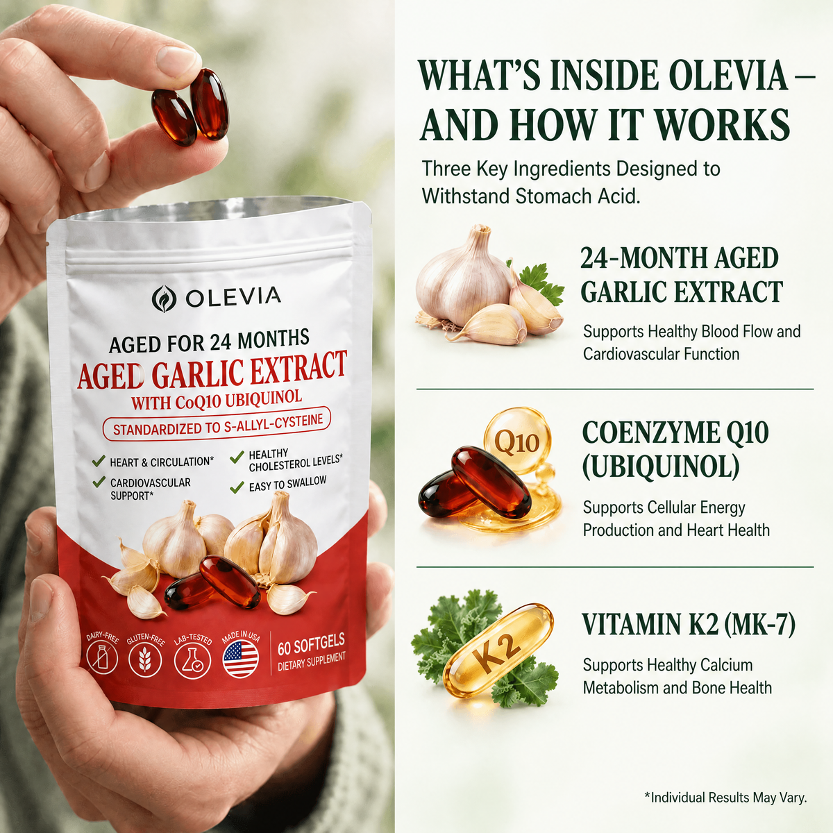 Olevia Aged Garlic Extract: 24-Month Aged Garlic with CoQ10 & Vitamin K2